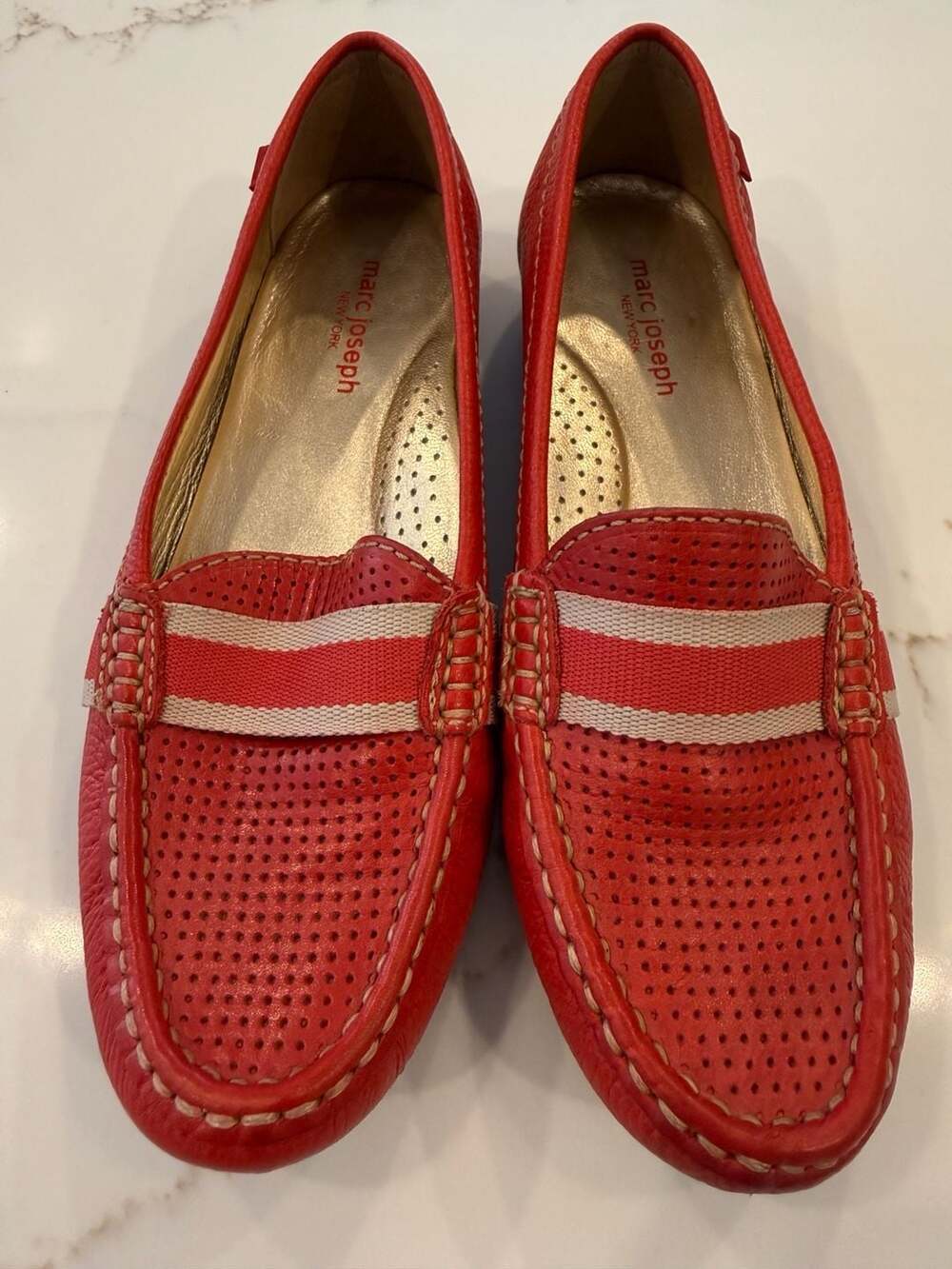 Marc Joseph New York Red Perforated Leather Stripe Driving Loafers